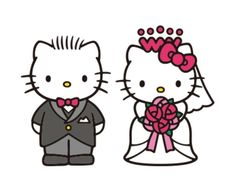 hello kitty and groom are standing next to each other with flowers in their hair,