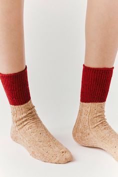 Just as cool as they are classic, these staple ankle socks are featured in a crew-inspired style and cable knit fabrication with color blocked, ribbed knit top piecing to add color and dimension. | Color Block Cable Ankle Socks by Hansel From Basel at Free People in Red Ribbed Knit Top, Basel, Ankle Socks, Boho Clothing, Leg Warmers, Fashion Styles, Boho Outfits, Cable Knit, Knit Top