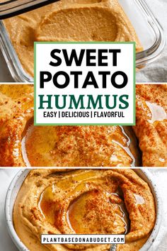 sweet potato hummus in a glass dish with text overlay