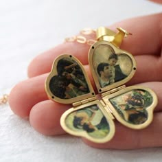 This beautifully designed personalized photo locket features a heart shape which opens out to reveal space for four different photographs, instead of the usual two! We can professionally etch your photographs inside the locket for you, to make a special and unique personalized gift. The locket is solid brass and the fine chain and clasps are gold plated brass. When clasped together, the pendant is a great, versatile size, which would look equally good worn short or long. Please refer to our illu Miss You Gifts, Engraved Locket, Silk Purse, Box Photo, Photo Locket Necklace, Vintage Lockets, Memorial Necklace, Clover Necklace, Photo Locket