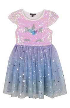 Iridescent sequins and foil-print stars sparkle all over this enchanting unicorn dress that will have your little one looking forward to the next party. Slips on over head Lined 95% polyester, 5% spandex; 100% polyester contrast Hand wash, line dry Imported Mesh Party Dress, Big Girl Dresses, Unicorn Dress, Foil Print, Nordstrom Dresses, Looking Forward, First Look, Sequin, Party Dress