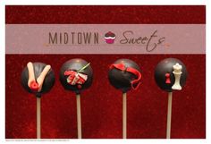 four cake pops with different designs on them and the words midtown sweets written in white