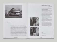 an open book with black and white photos on it's pages, showing the inside page