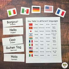 four different languages are shown in this printable language game for children to play with