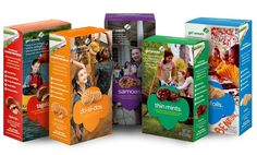 three boxes with different types of food on them and the same one in each box