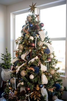 a decorated christmas tree in front of a window