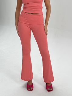 Fitted flares with an elasticated foldover waistband.  Made with textured jersey spandex. Legging Outfits, Flared Trousers, Womens Leggings, Flare Trousers, Outfits With Leggings, Fit & Flare, Women's Leggings, United Kingdom, Coral