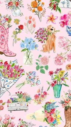 a pink wallpaper with flowers and boots on it