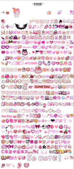 the pink wallpaper has many different types of stickers on it, including hearts and bows