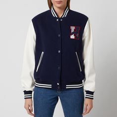 Tapping into the ever-evolving collegiate trend, HUGO's Fabrienne-1 jacket arrives in a varsity-style bomber silhouette with a wool-blend body and contrasting leather-look sleeves. The label's 'H' monogram punctuates the chest in contrasting red, blue and white for a distinctive preppy feel. Monogram Jacket, Patches Embroidery, H Monogram, Chenille Patches, Star Wars Ahsoka, Star Wars Merchandise, Jedi Knight, Ahsoka Tano, Denim Jacket Men