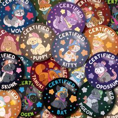 many badges with cartoon animals on them are shown in this image, and there is also an additional badge for each one