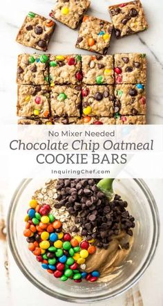 no mixer needed chocolate chip oatmeal cookie bars with m & ms on top