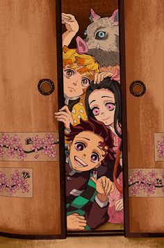 an image of some cartoon characters peeking out from behind a door with flowers on it