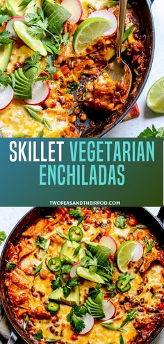 skillet vegetarian enchiladas with avocado and cilantro on the side