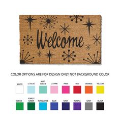 a welcome mat with the words welcome and fireworks on it in black, red, green, blue, yellow, orange, pink, purple, white