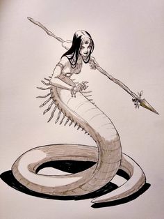 a drawing of a woman holding a knife in her hand while standing on top of a giant snake