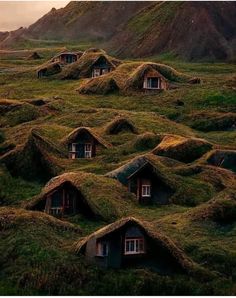 the grass roofed houses are on top of the hill and have windows that look like they were built into the ground