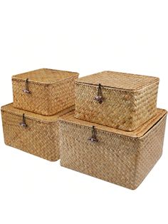 three woven storage baskets with handles on each side and two smaller ones in the middle