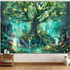 a painting on the wall of a room with an image of a tree and animals