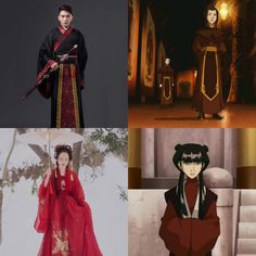 four different pictures of people dressed in traditional chinese costumes