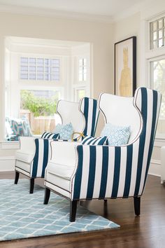 two white and blue striped chairs in front of a window with the caption above it