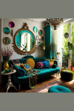 a living room filled with furniture and lots of mirrors on the wall above it's windows