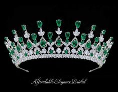 Emerald CZ Wedding and Quince Tiara You'll feel like royalty while wearing this exquisite tiara! Add a sparkling pop of color to your wedding day or quinceanera with this fabulous cz tiara. The intricately designed headpiece is plated in silver platinum and is decorated with brilliant 5A quality emerald green and clear cz crystals. The 2 1/2" height gives a majestic look to this stunning tiara. Size: 2 1/2" tall at its peak. Color: Silver/ Emerald Green/ Clear. Style: hp149. Please allow 3 weeks Emerald Green Quince, Beaded Edge Veil, Quinceanera Accessories, Gatsby Style Wedding, Winter Wedding Accessories, Gold Bridesmaid Jewelry, Beaded Wedding Veils, Quinceanera Tiaras, Fingertip Wedding Veils