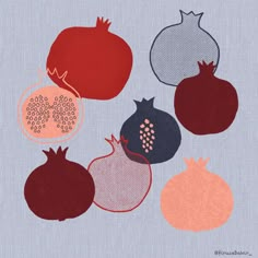 an illustration of pomegranates and pears on a light blue background