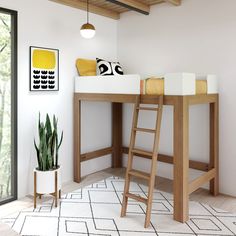 a loft bed with a desk and ladder in the corner next to a potted plant