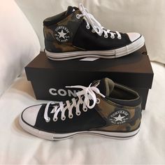 Black And Tan With Army Camo Pattern Ctas High Street Mid New And Never Used Unisex Sizing 11.5 Men’s Or 13.5 Women’s 9 Men’s Or 11 Women’s Converse Brown, Converse Hi, Army Camo, Shoes Converse, Hi Top, Converse All Star, Converse Shoes, Black And Tan, Mens Shoes Sneakers