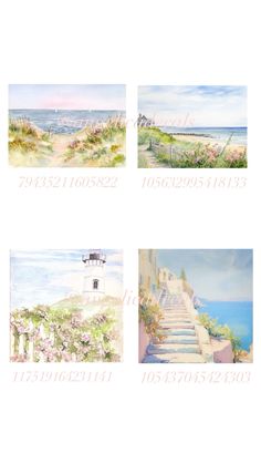 four pictures of steps leading to the beach with flowers on them and an ocean in the background