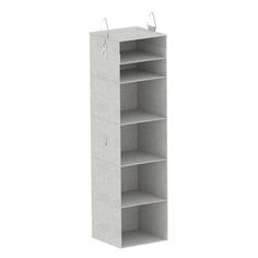 a tall book shelf with three shelves on each side and two hooks at the top