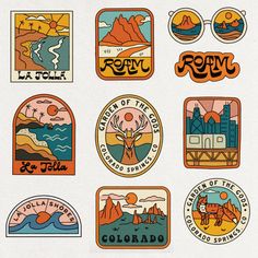 several different stickers that include mountains and trees