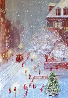 a painting of people walking in the snow near a christmas tree and train on tracks