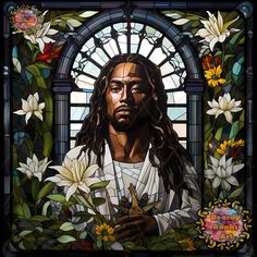 a stained glass portrait of jesus with flowers