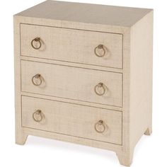 a white dresser with three drawers and two knobs on the front, one drawer open