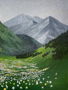 a painting of mountains with flowers in the foreground and green grass on the ground