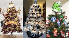 three different christmas trees in various styles and colors, all decorated with decorations on them