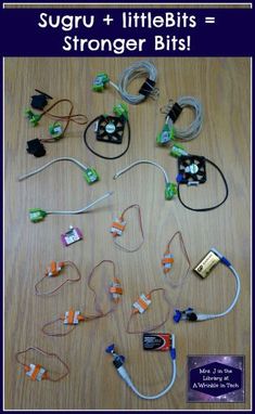 some wires and other electronic devices on a table with the words sugru + littlebits = stronger bits