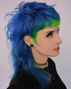 Shaggy mullet with electric blue and neon green highlights and angular bangs Neon Green Highlights, Creative Hair Color Ideas, Blue Mullet, Blue And Green Hair, Bang Ideas, Vibrant Hair Color Ideas, Shaggy Mullet, Mullet Hairstyles, Hair Colour Design