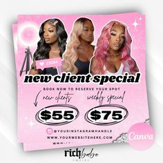 two women with pink hair are advertising for their new client special