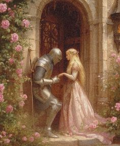 a painting of a knight and a princess in front of a door with roses on it