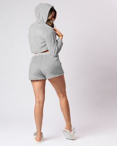 Fuzzy Cozy Hoodie and Shorts Sets -Cozy Hoodie & Shorts Sets -Cropped Top with Hoodie -Elasticated Waist Comfy Cozy Fit Sweats For Loungewear, Cozy Sweats For Loungewear With Soft Texture, Cozy Sweats With Soft Texture For Loungewear, Cozy Loungewear Sweats With Soft Texture, Cozy Fit Sweats For Lounging, Cozy Leisure Hoodie Sweats, Super Soft Cozy Hoodie For Loungewear, Cozy Fleece Sweats For Leisure, Cozy Hoodie For Leisure