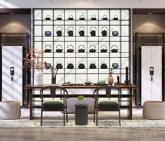 a dining room with chairs and a table in front of a wall filled with teapots