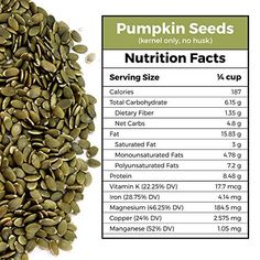 pumpkin seeds are shown with the nutritional information