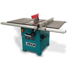 a table sawing machine with the word tech on it's blade and red handle