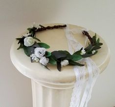 Eucalyptus flower crown foliage Modern bridal hair wreath wedding lace headpiece white rustic farmhouse halo wedding veil accessories bride Foliage Hair, Eucalyptus Flower Crown, Hairstylist Inspiration, Bridal Hair Half Up, Eucalyptus Flower, Lace Headpiece, Bridal Hair Veil, Crown Headpiece