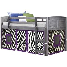 a bunk bed with purple and white zebra print curtains on the bottom, and an attached ladder for storage