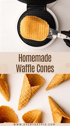 homemade waffle cones on a white surface with text overlay