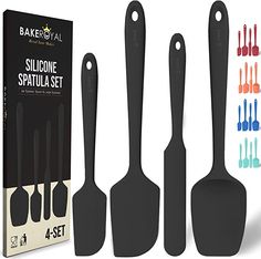 three spatulas and four spoons are shown in front of the package